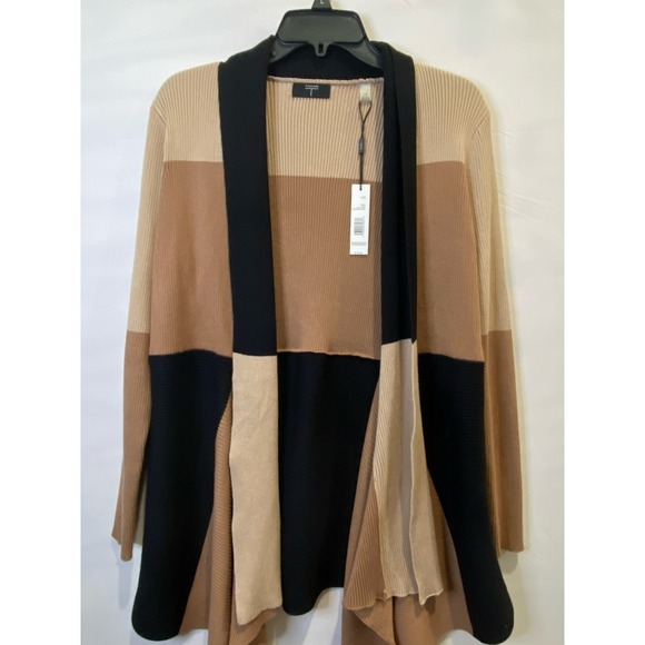 NWT Tahari Colorblock Open Front Cardigan Sweater Tan Black Beige Women's L - Picture 3 of 11